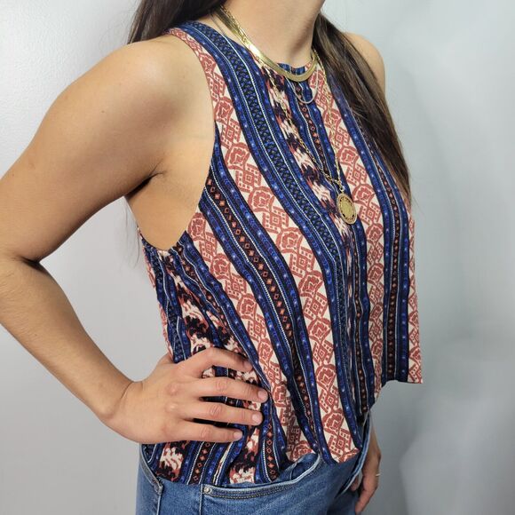 Forever 21 Sleeveless Tank Top Blue Red Printed Ikat Striped Boho Festival Small - Picture 4 of 4